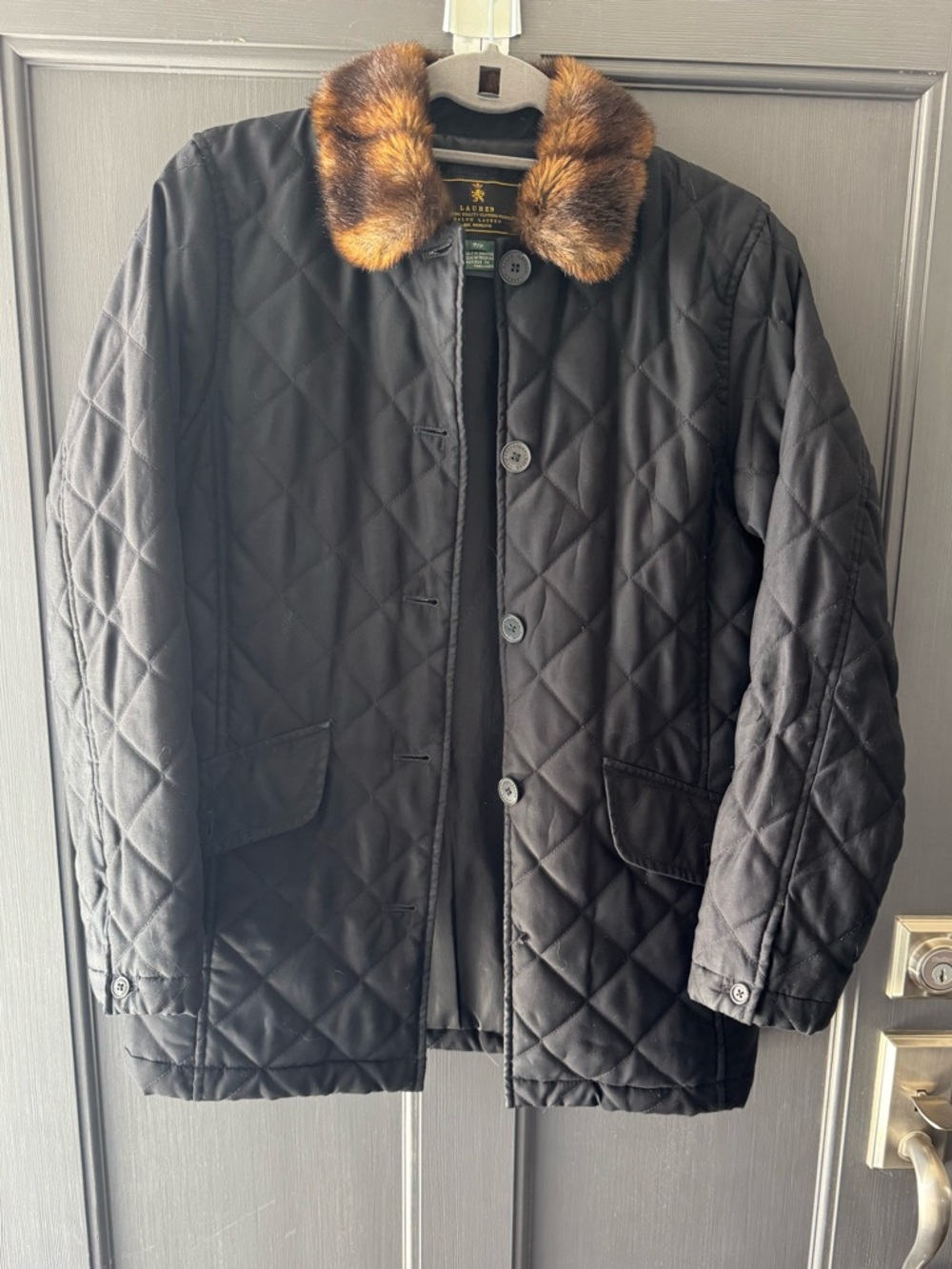 Lauren Ralph Lauren Black Quilted Coat with Brown Faux-Fur Collar